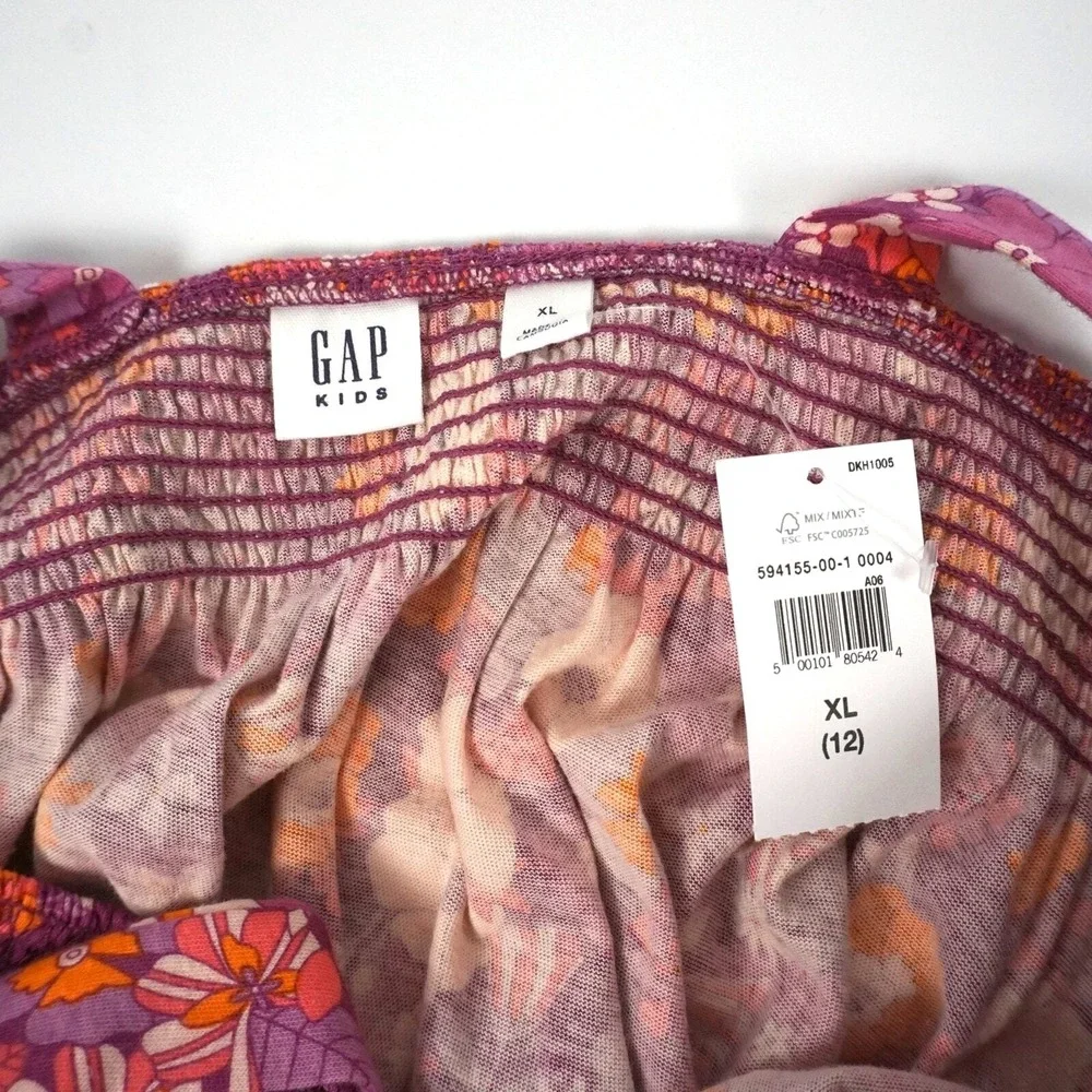 Gap Kids Floral Romper Kids XL 12 Purple Orange Smocked Tie‎ Strap NWT